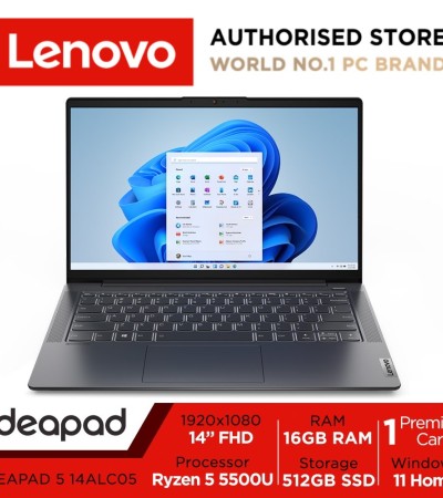联想IdeaPad 5 14ALC05 | 14英寸全高清（1920x1080）300尼特| AMD Ryzen 5 5500U | 16GB RAM | 512GB SSD | 1.39Kg |石墨灰颜色| Win 11 Home | 1Y高级护理