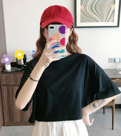 LuFashion女式露脐上衣夏季糖果色短袖素色休闲T恤