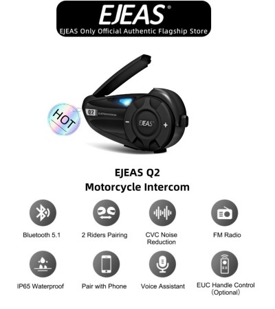 EJEAS Q2摩托车头盔蓝牙对讲耳机，2人实时通话，蓝牙5.1防水1件套
